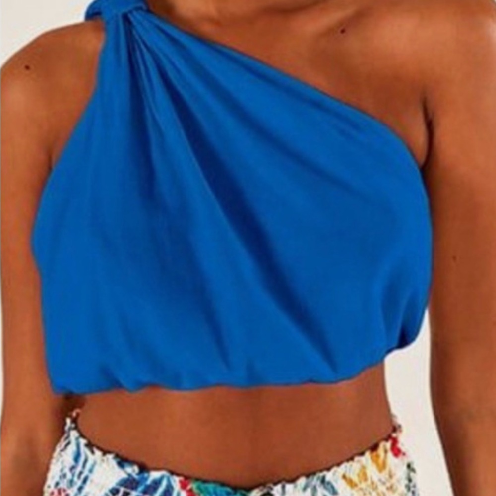 Farm Rio Blue One-Shoulder Crop Top and Macaw Smock Midi Skirt
